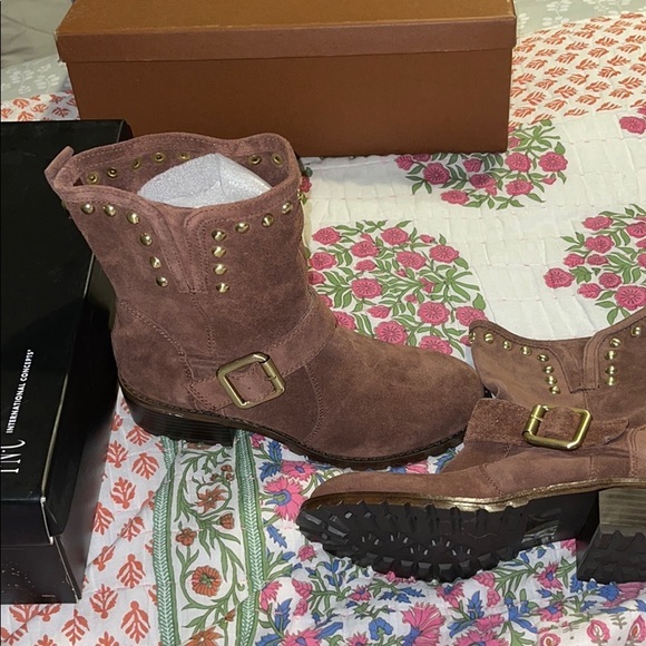 INC Moto Henri suede stud boots in nutmeg New - Picture 2 of 14